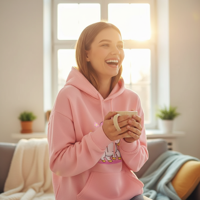 pink cartoon unicorn hoodie - in-use