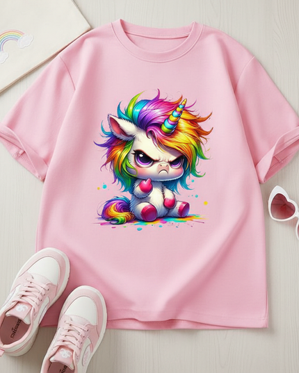 pink cartoon unicorn shirt - flat-lay