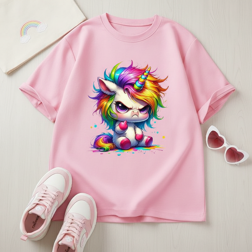pink cartoon unicorn shirt - flat-lay