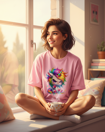 pink cartoon unicorn shirt - in-use