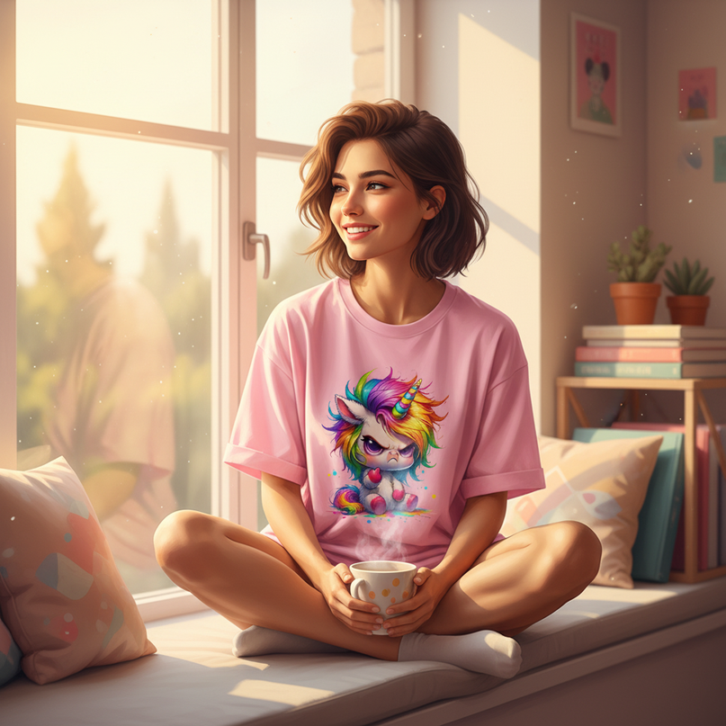 pink cartoon unicorn shirt - in-use