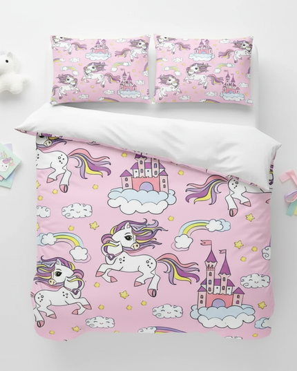 pink castle gallop unicorn bedding - flat-lay
