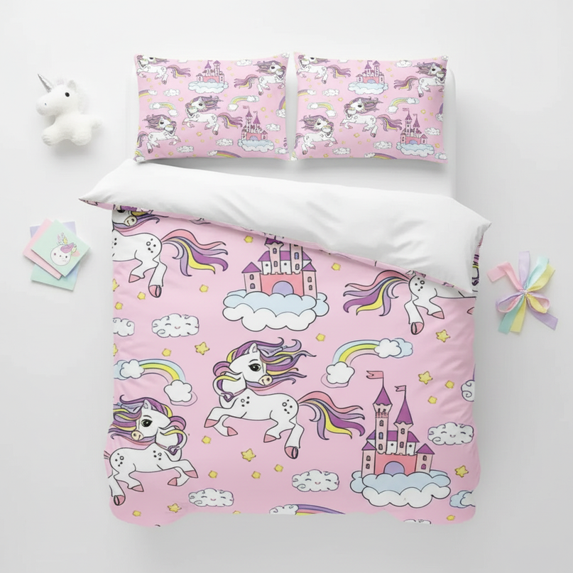 pink castle gallop unicorn bedding - flat-lay