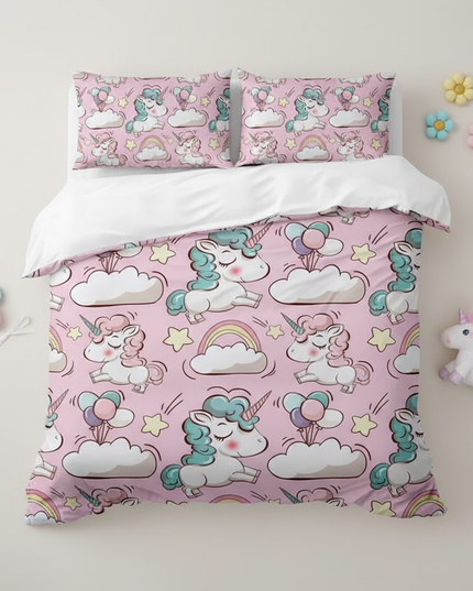 pink cloud allover unicorn bedding - flat-lay