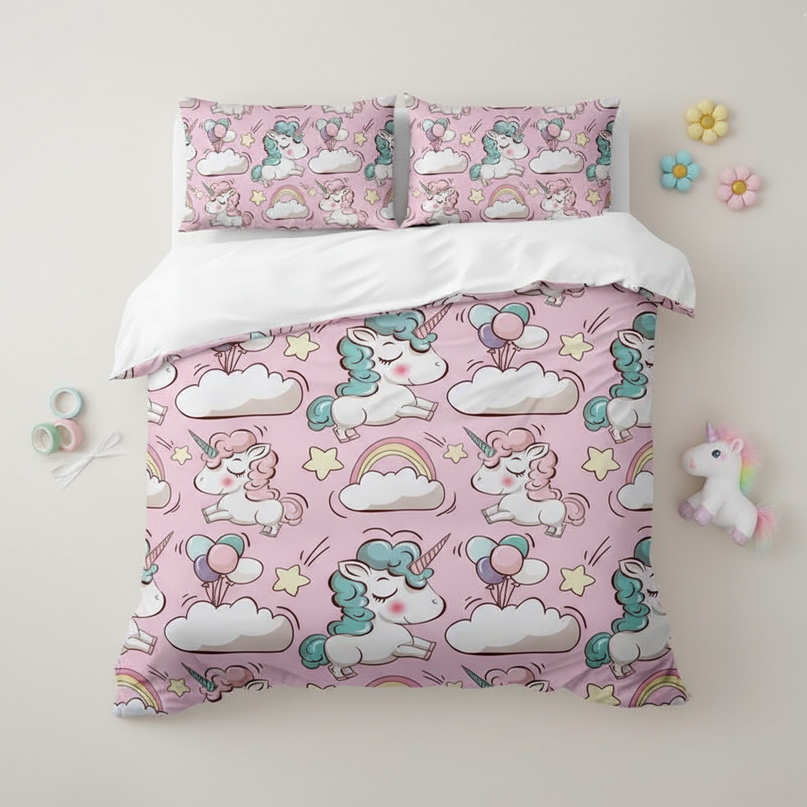 pink cloud allover unicorn bedding - flat-lay