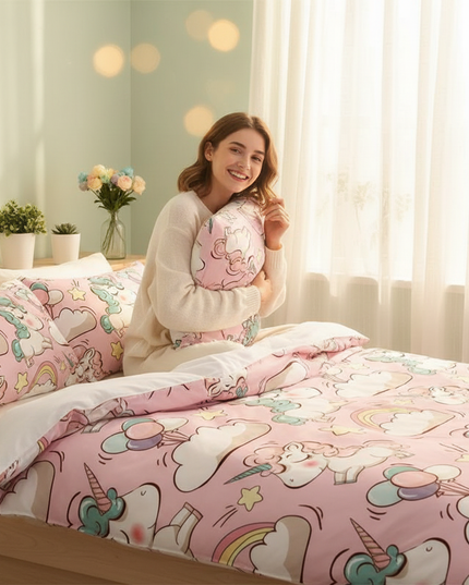 pink cloud allover unicorn bedding - in-use