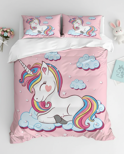 pink cozy cloud unicorn bedding - flat-lay