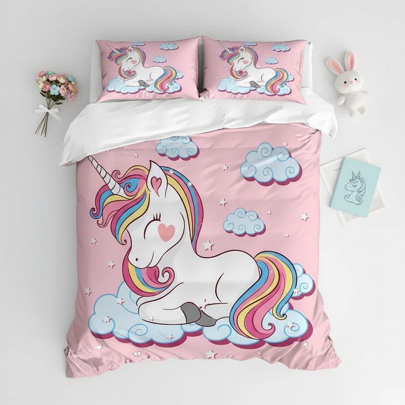 pink cozy cloud unicorn bedding - flat-lay