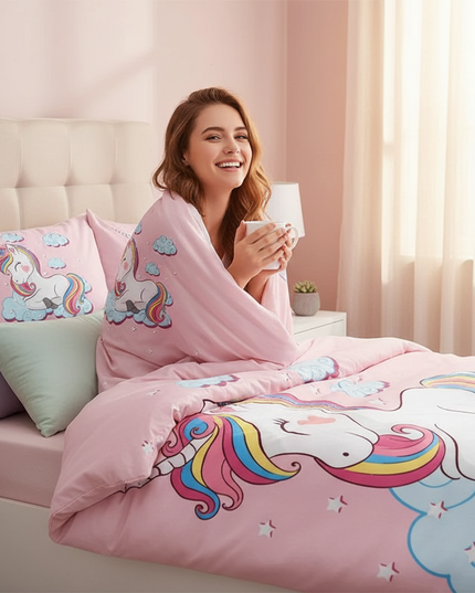 pink cozy cloud unicorn bedding - in-use