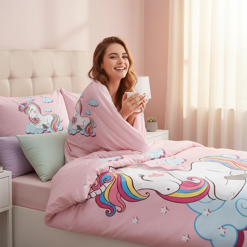 pink cozy cloud unicorn bedding - in-use