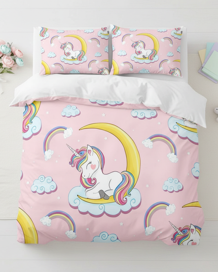 pink crescent allover unicorn bedding - flat-lay