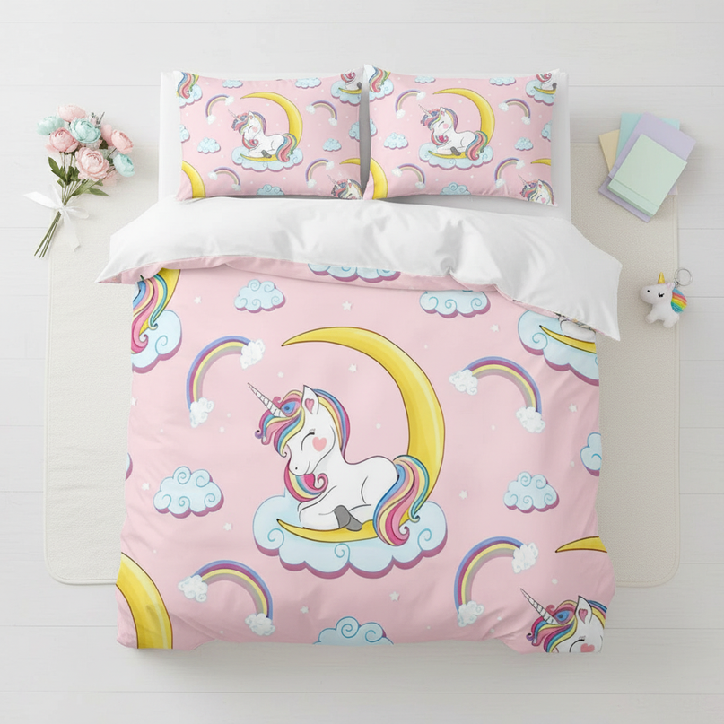 pink crescent allover unicorn bedding - flat-lay