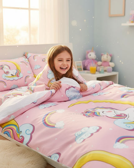 pink crescent allover unicorn bedding - in-use