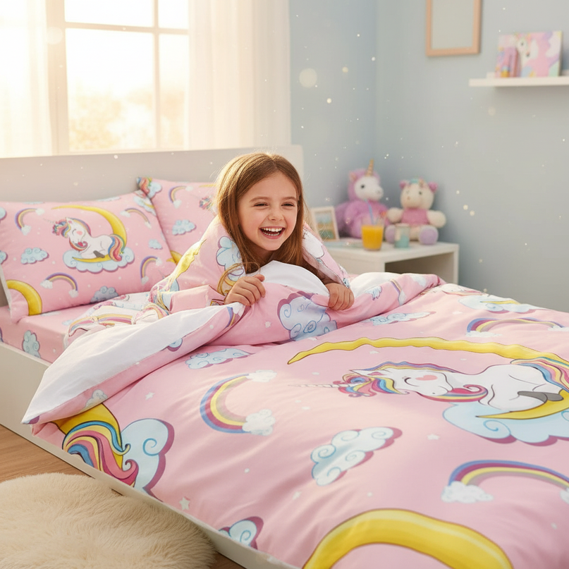 pink crescent allover unicorn bedding - in-use