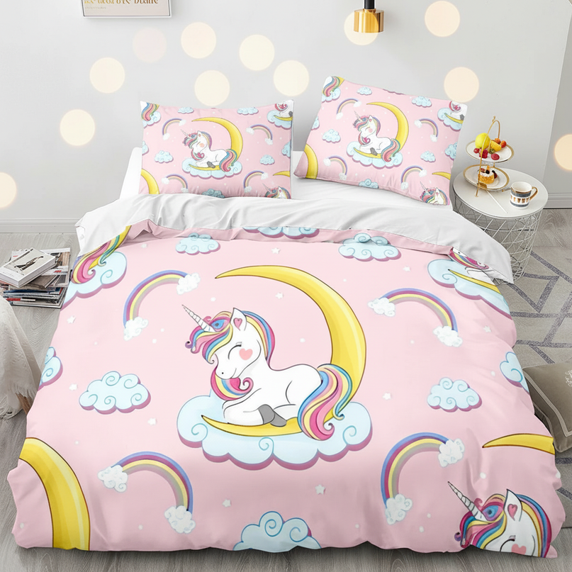 pink crescent allover unicorn bedding - lifestyle