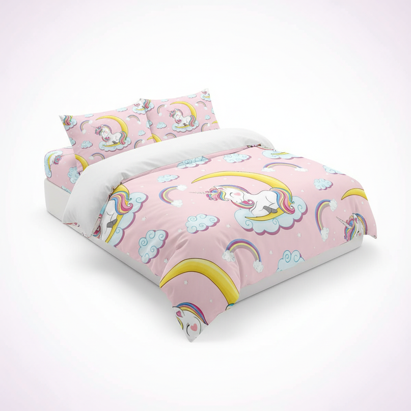 pink crescent allover unicorn bedding - white-bg