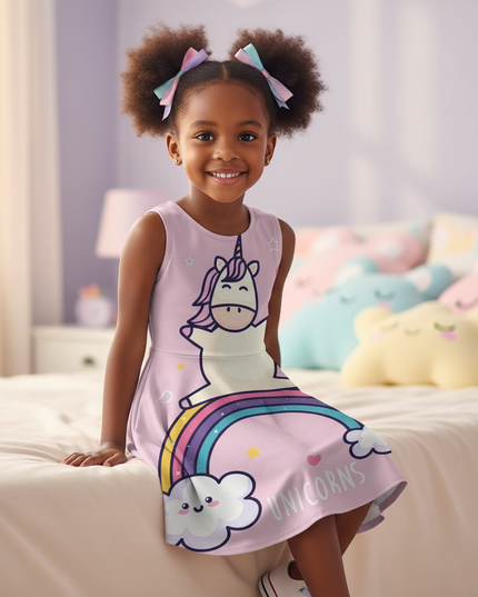 pink dabbing unicorn dress - sitting