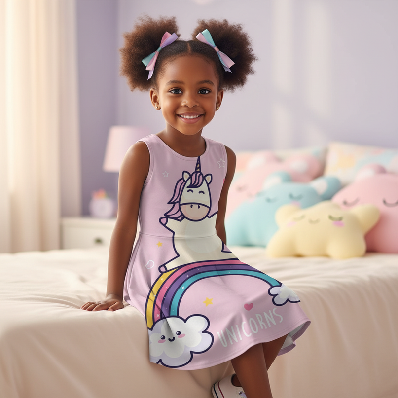 pink dabbing unicorn dress - sitting
