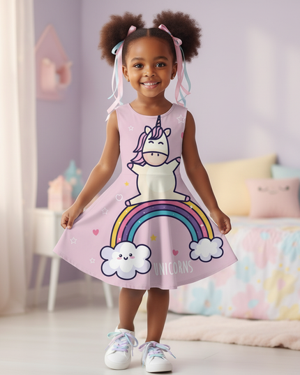 pink dabbing unicorn dress - three-quarter
