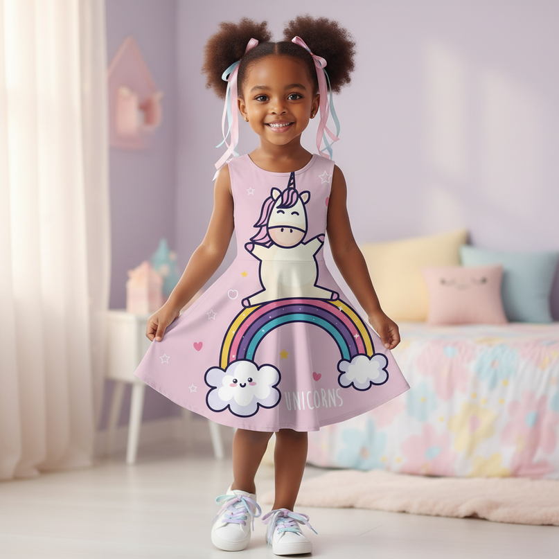 pink dabbing unicorn dress - three-quarter