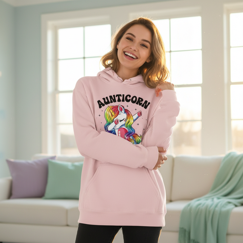 pink dabbing unicorn hoodie - in-use