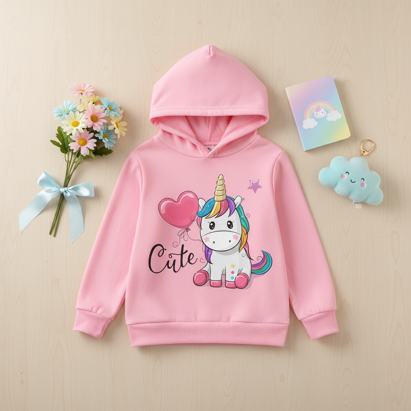 pink dabbing unicorn hoodie kids - flat-lay