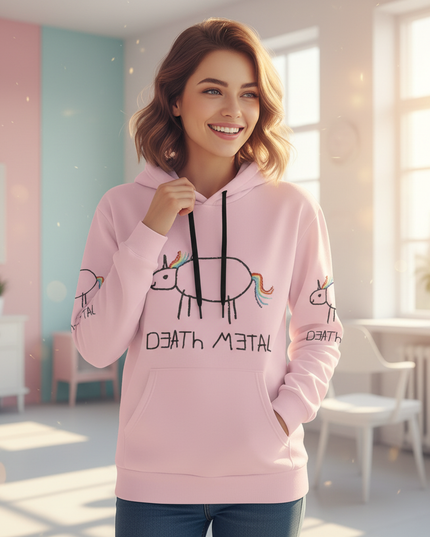 pink death metal unicorn hoodie - in-use