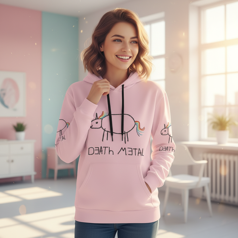 pink death metal unicorn hoodie - in-use