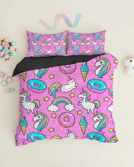 pink donut unicorn bedding - flat-lay