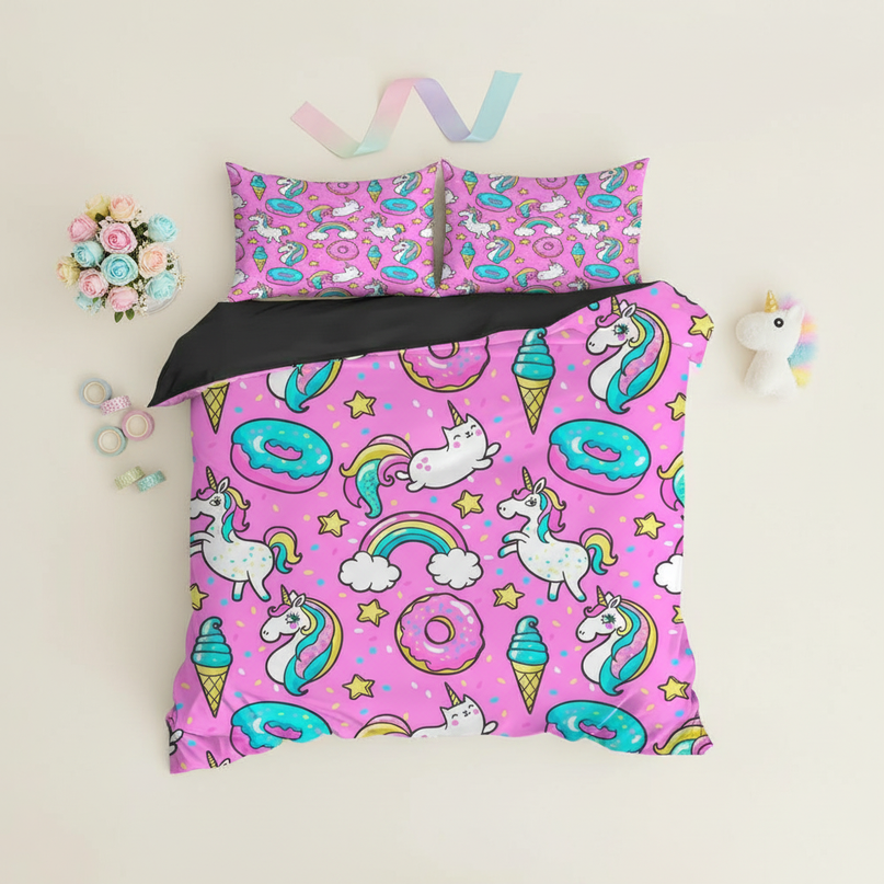 pink donut unicorn bedding - flat-lay