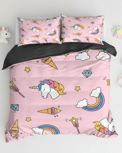 pink doodle ice cream unicorn bedding - flat-lay