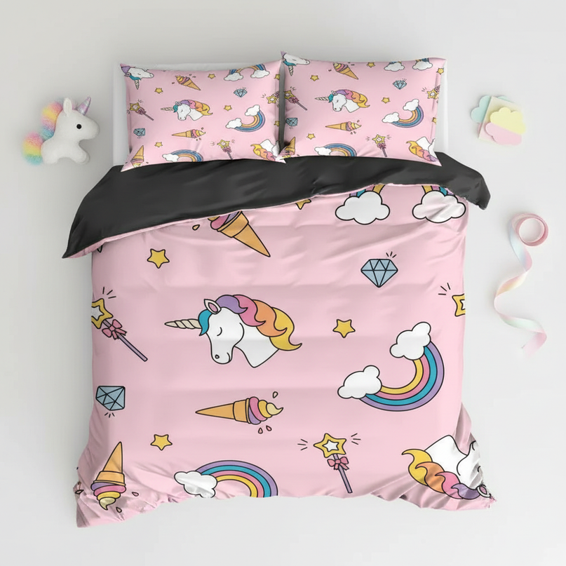 pink doodle ice cream unicorn bedding - flat-lay
