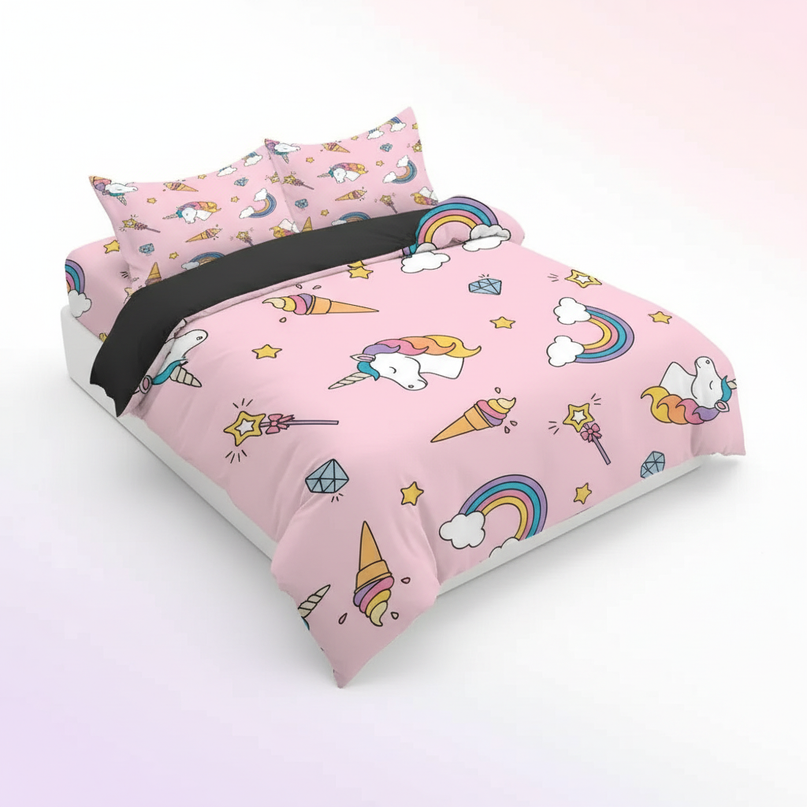 pink doodle ice cream unicorn bedding - white-bg