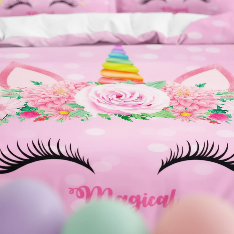 pink dotted magical unicorn bedding - detail