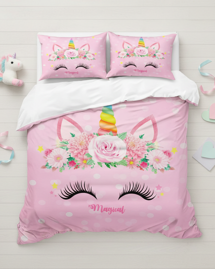 pink dotted magical unicorn bedding - flat-lay