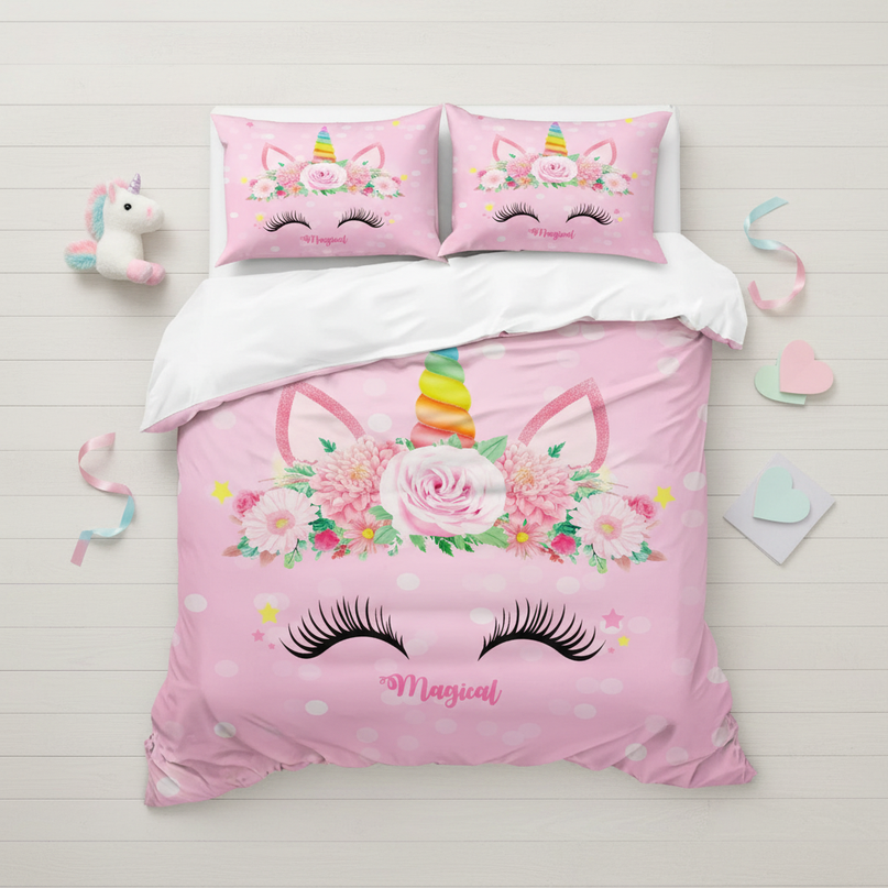 pink dotted magical unicorn bedding - flat-lay