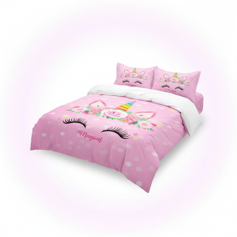 pink dotted magical unicorn bedding - white-bg