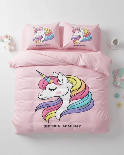 pink dream academy unicorn bedding - flat-lay