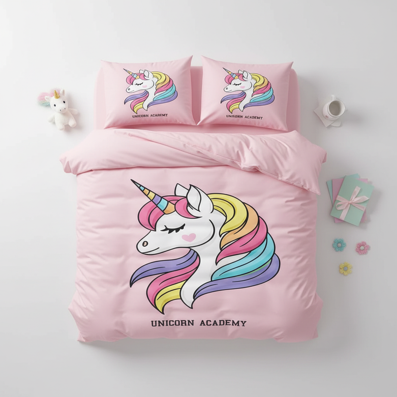 pink dream academy unicorn bedding - flat-lay