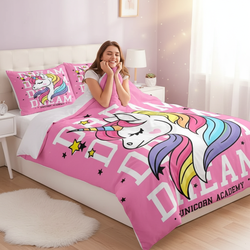 pink dream academy unicorn bedding - in-use