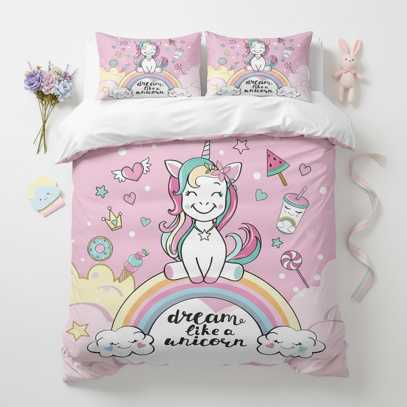 pink dream like unicorn bedding - flat-lay