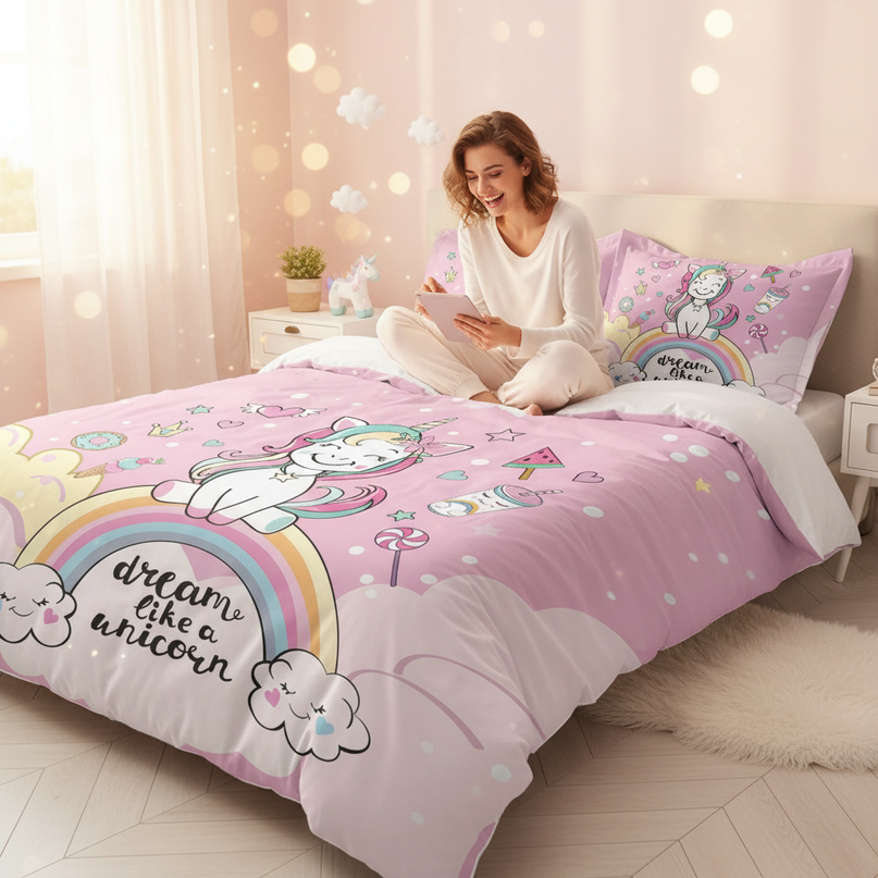 pink dream like unicorn bedding - in-use