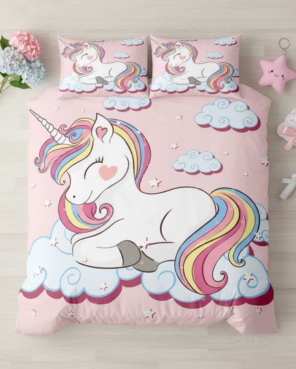 pink dreamy cloud unicorn bedding - flat-lay