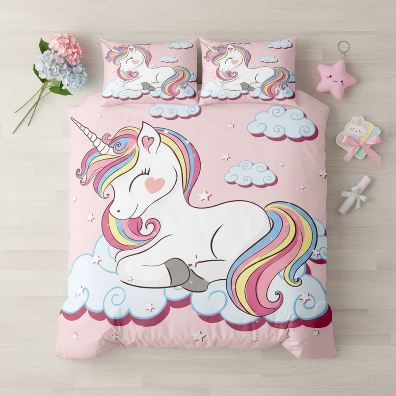 pink dreamy cloud unicorn bedding - flat-lay