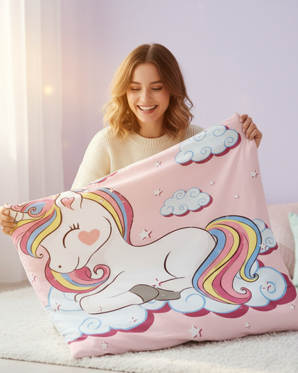 pink dreamy cloud unicorn bedding - in-use