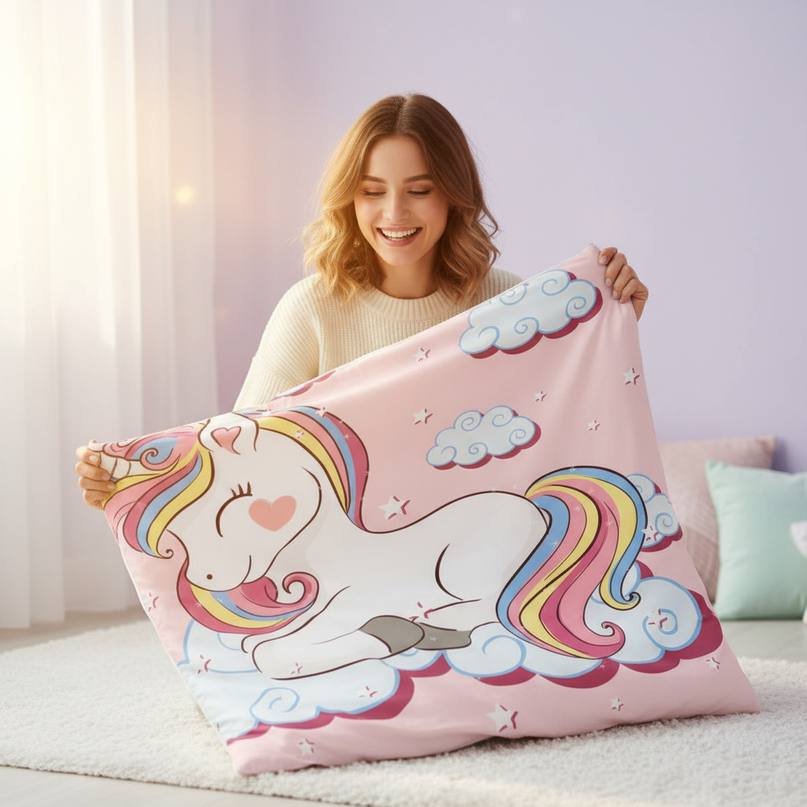 pink dreamy cloud unicorn bedding - in-use
