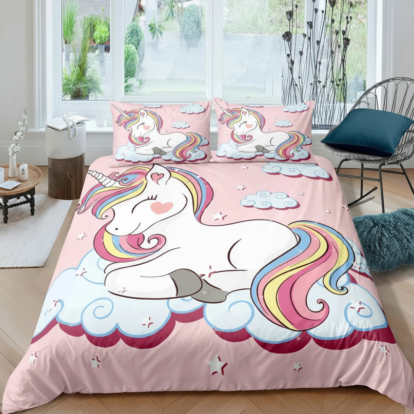 pink dreamy cloud unicorn bedding - lifestyle
