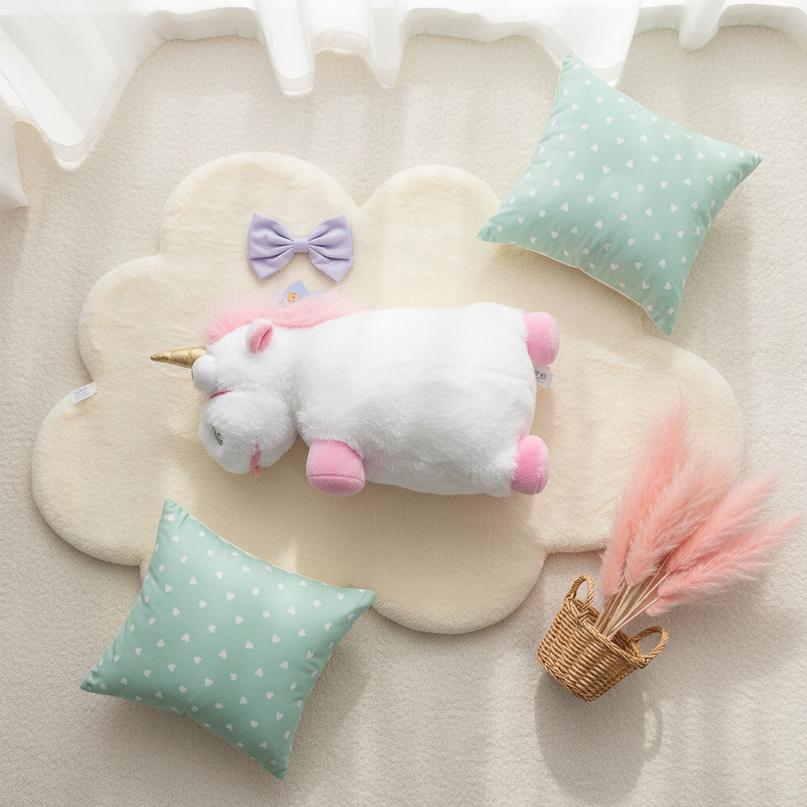 pink evil unicorn plush - flat-lay