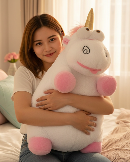 pink evil unicorn plush - in-use