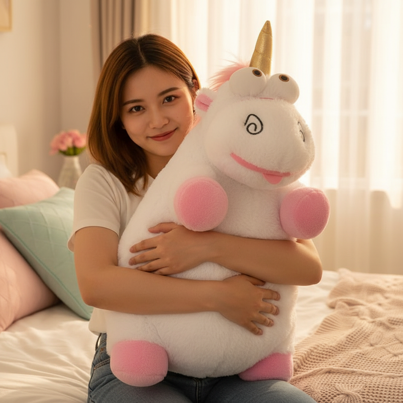 pink evil unicorn plush - in-use